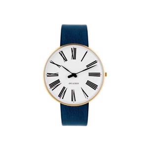 Arne Jacobsen goldene Uhr - römisch - Ø40mm - vergoldet mit blauem Lederband